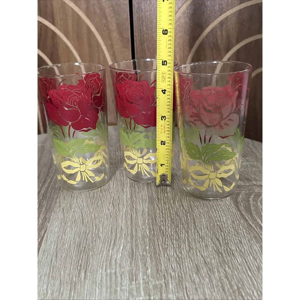 Vintage Retro Rose w/ Bow Floral Drinking Glasses Tumblers Set of 3 - 8.5 oz.